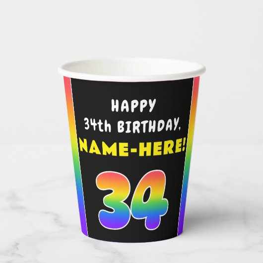 34. Geburtstag: Farbiger Regenbogen # 34, Individu Pappbecher (Rückseite)