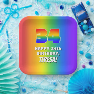 34. Geburtstag: Farbiges, lustiges Regenbogenmuste Pappteller