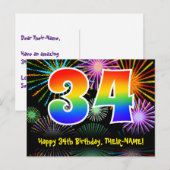 34. Geburtstag – Lustiges Feuerwerk Muster + Regen Postkarte (Vorne/Hinten)