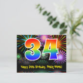 34. Geburtstag – Lustiges Feuerwerk Muster + Regen Postkarte (Stehend Vorderseite)