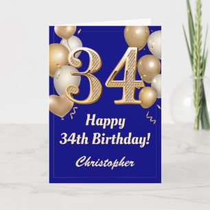34. Geburtstag Navy Blue und Gold Balloons Confett Karte