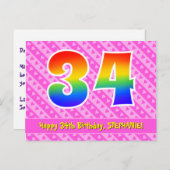 34. Geburtstag: Rosa Streifen & Herz, Regenbogen 3 Postkarte (Vorne/Hinten)