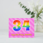 34. Geburtstag: Rosa Streifen & Herz, Regenbogen 3 Postkarte (Stehend Vorderseite)
