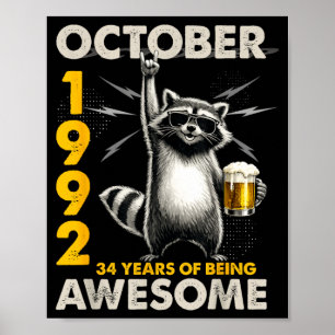 34. Geburtstag Waschbär Bier Oktober 1992 Vintage  Poster