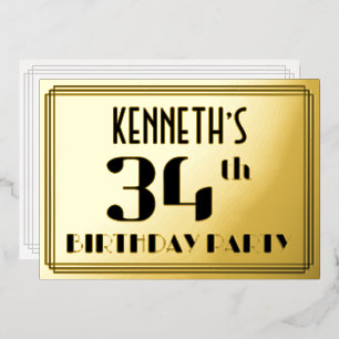 34. Geburtstagsparty: Art Deco Look "34" und Name Folieneinladung