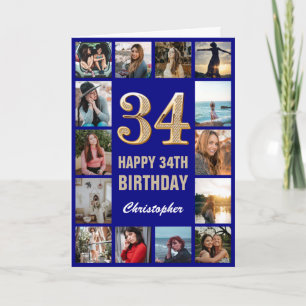 34. Happy Birthday Navy Blue & Gold Foto Collage Karte