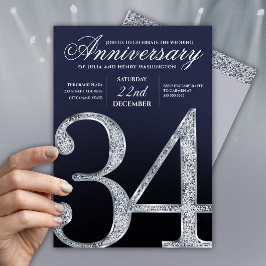 34th Anniversary Diamond Silver Navy Blue Einladung