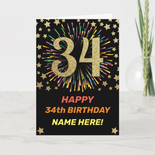 34th Birthday Fireworks Rainbow Gold Fun Karte (Vorderseite)