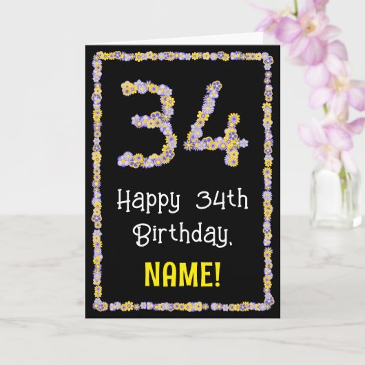34th Birthday: Floral Flowers Number, Custom Name Karte (Orchidee)