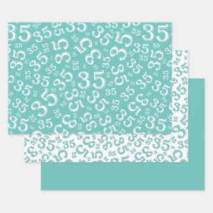 35. Geburtstag Aquamarines und weißes Zahlenmuste Geschenkpapier Set