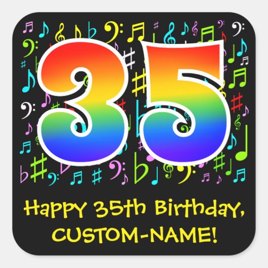 35. Geburtstag: Farbige Musiksymbole, Regenbogen 3 Quadratischer Aufkleber (Vorderseite)