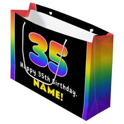 35. Geburtstag: Farbiger Regenbogen # 35, Individu Große Geschenktüte (Vorderseite Schrägansicht)