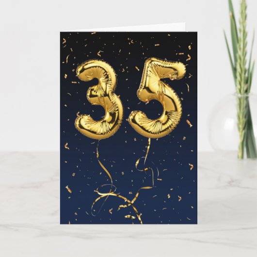 35. Geburtstag Gold Mylar Ballon und Confetti Karte (Vorderseite)