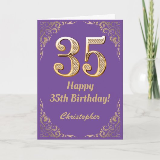 35. Geburtstag Lila und Gold Glitzer Frame Karte (Vorderseite)