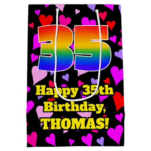 35. Geburtstag: Loving Hearts Pattern, Regenbogen Mittlere Geschenktüte (Rückseite)