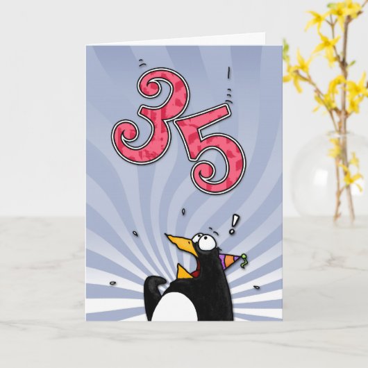 35. Geburtstag - Pinguin-Überraschungskarte Karte (Gelbe Blume)