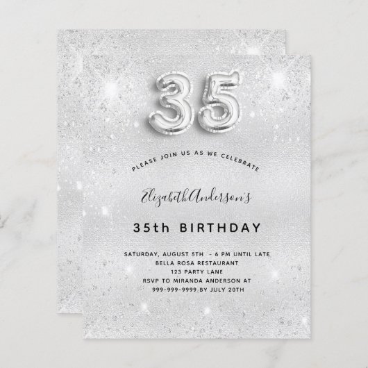 35. Geburtstag Silber Glitzer Einladung (Vorne/Hinten)