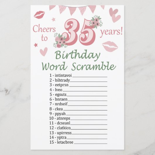 35. Geburtstag Word Scramble Game (Vorderseite)