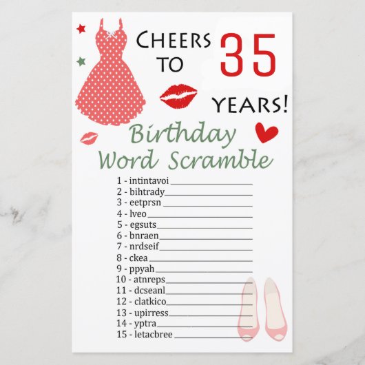 35. Geburtstag Word Scramble Game (Vorderseite)