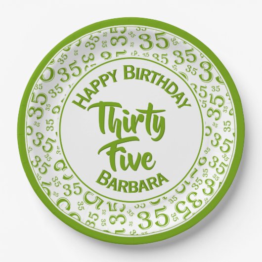 35. Geburtstagsparty-Muster Grün/Weiß Pappteller (Vorderseite)
