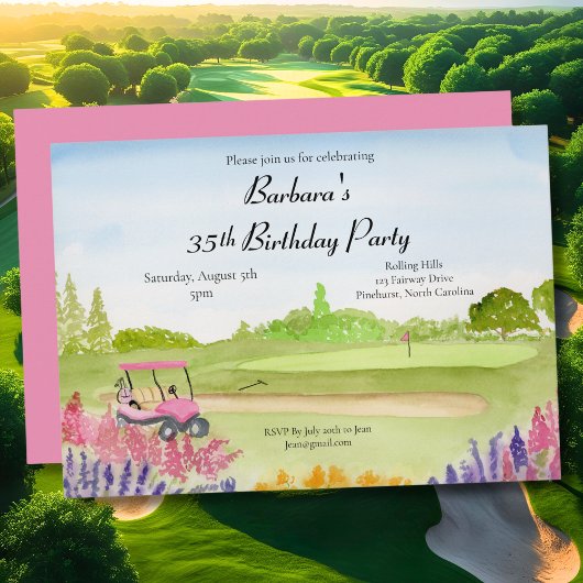 35. Geburtstagsparty Pink Golf Cart Golfplatz Einladung