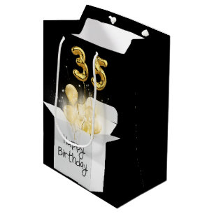 35. Gold Geburtstagsballons in der White Box Mittlere Geschenktüte