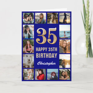 35. Happy Birthday Navy Blue & Gold Foto Collage Karte