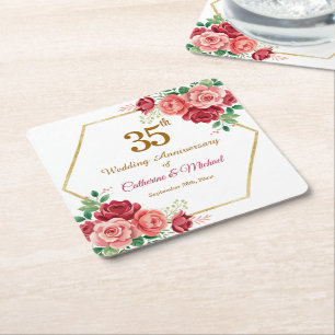 35. Hochzeitsjubiläum Goldrahmen Floral Rechteckiger Pappuntersetzer