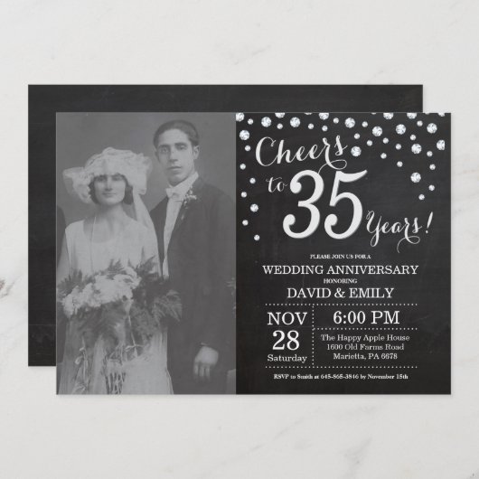 35. Hochzeitstag Schwarzes Silber Chalkboard Einladung (Vorne/Hinten)