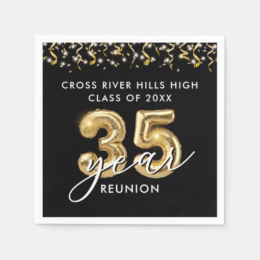 35. Klasse Wiedersehen Black Gold Balloons Confett Serviette (Vorderseite)