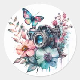 35 mm Kamera inmitten von Blume und Schmetterlings Runder Aufkleber