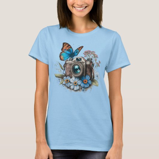 35 mm Kamera, Schmetterling und Blume T-Shirt (Vorderseite)