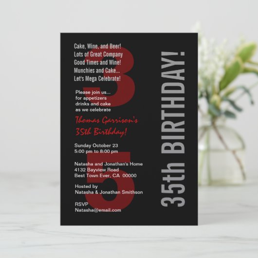 35. Modern Birthday Schwarz-weiß Red Metallic Einladung (Stehend Vorderseite)