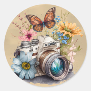 35mm Camera Colorful Flowers and Butterfly Runder Aufkleber