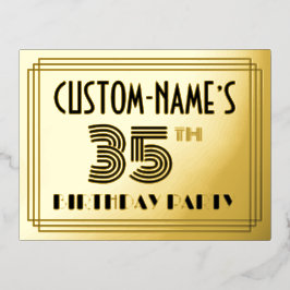 35th Birthday Party ~ Art Deco Style “35” + Name Folie Einladungspostkarte