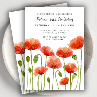 35th Birthday Party Watercolor Floral Poppies  Einladung
