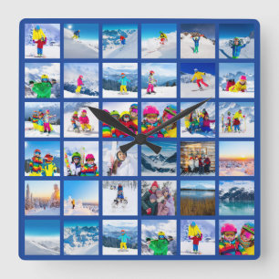 36 Foto-Gitter-Collage Dunkelblau Quadratische Wanduhr
