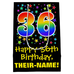 36. Geburtstag: Farbenfrohe Sterne Muster & Regenb Mittlere Geschenktüte