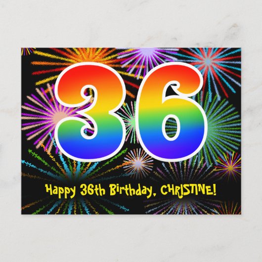 36. Geburtstag – Lustiges Feuerwerk Muster + Regen Postkarte (Vorderseite)