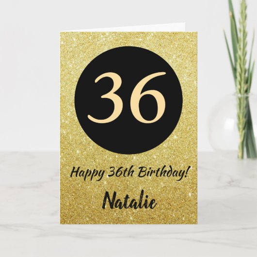 36. Happy Birthday Black and Gold Glitzer Card Karte (Vorderseite)