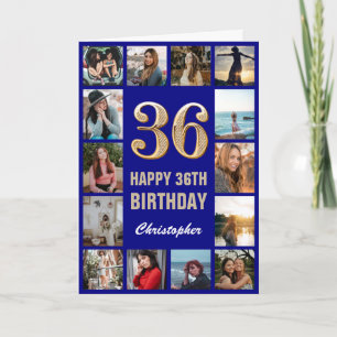 36. Happy Birthday Navy Blue & Gold Foto Collage Karte