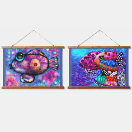 36"x26" Set von zwei Tapisserien Whimsical Fish Wandteppich Mit Holzrahmen