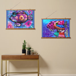 36"x26" Set von zwei Tapisserien Whimsical Fish Wandteppich Mit Holzrahmen