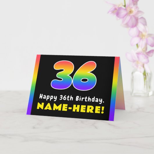36th Birthday: Colorful Rainbow # 36, Custom Name Karte (Orchidee)