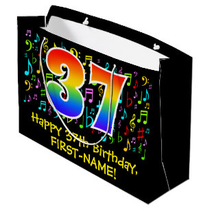 37. Geburtstag - Farbige Musiksymbole, Regenbogen  Große Geschenktüte