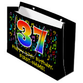 37. Geburtstag - Farbige Musiksymbole, Regenbogen Große Geschenktüte (Vorderseite Schrägansicht)