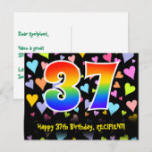37. Geburtstag: Fun Hearts Muster, Regenbogen 37 Postkarte (Vorne/Hinten)