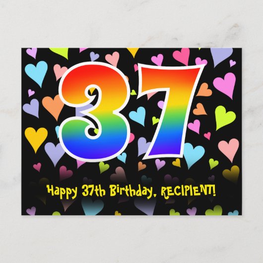 37. Geburtstag: Fun Hearts Muster, Regenbogen 37 Postkarte (Vorderseite)