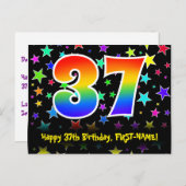 37. Geburtstag: Fun Stars Pattern, Regenbogen 37,  Postkarte (Vorne/Hinten)