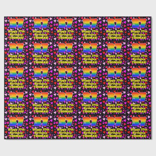 37. Geburtstag: Loving Hearts Pattern, Regenbogen  Geschenkpapier (Flach)